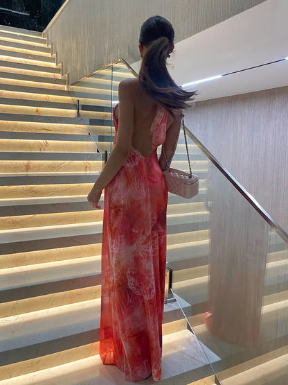 CNYISHE Prints Mesh Sheer Halter Sleeveless Backless Sheath Fashion Holiay Outfits Chic Sexy Club Women Dresses Female Bodycon