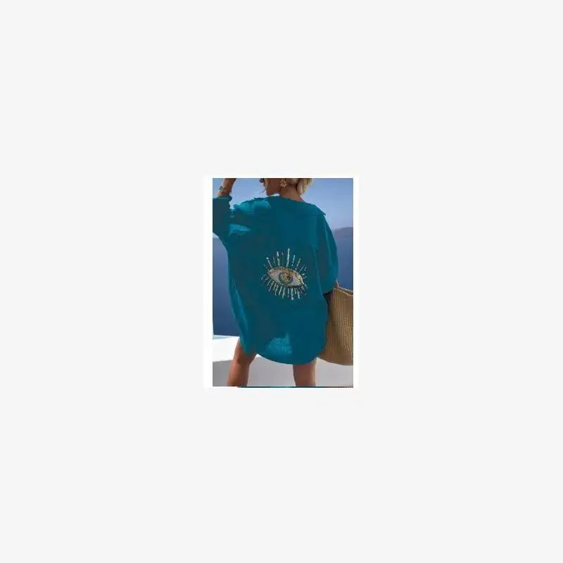 Spring Summer 2024 Women's Casual Evil Eye Shirt Long Sleeve Turn-down Collar Regular Length Other Material 100% Fashion Ladi...