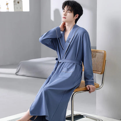 Spring Autumn Bathrobe Men 100% Cotton sleep top Kimono Robes For Male Solid Robes Long Bath Robe Bridegroom Robe Dressing Gown