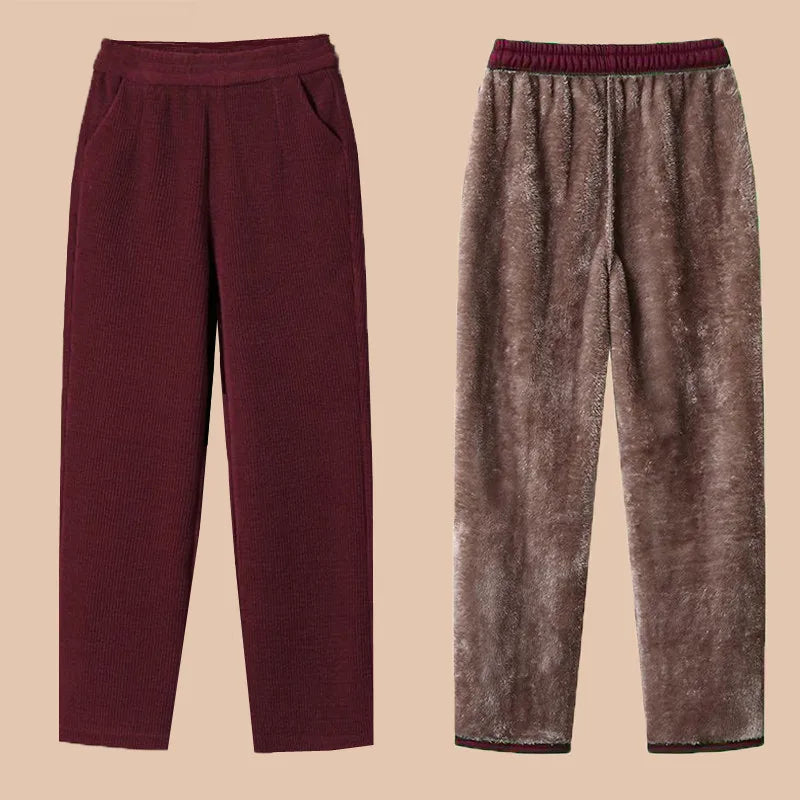 Thickened Fleece Lined Corduroy Winter Pants for Mom High Waist Loose Fit Straight Leg Warm Casual Trousers for Women over 40