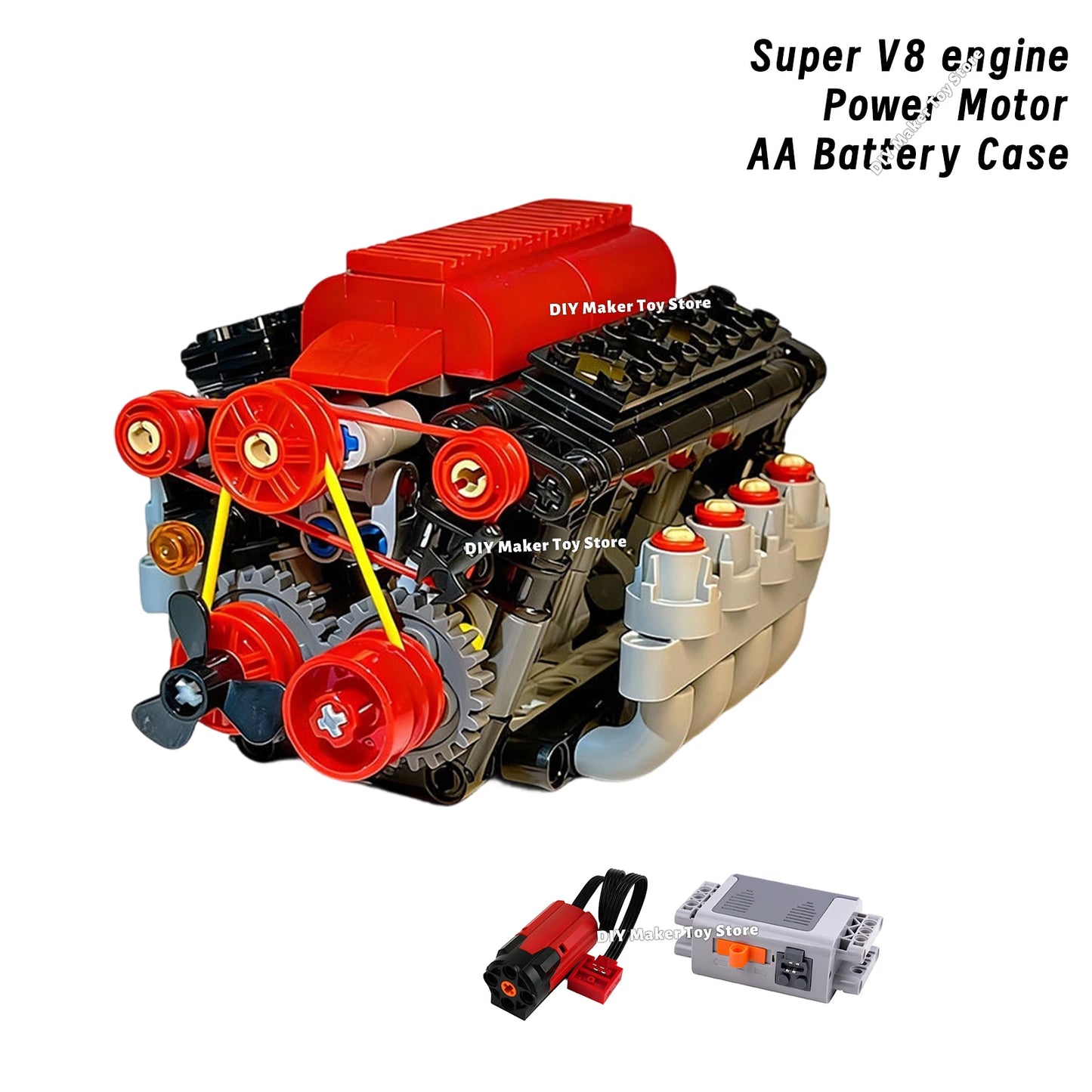 MOC Super V8 Engine Simulation Model Building Blocks Technology Car Parts 6 Speed Gearbox Power Motor Battery Box Boys Toys Gift
