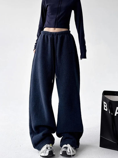 High Waist Drawstring Straight Leg Fleece Lined Casual Pants Women's Thickened Winter Fashion Korean Style Warm Trousers