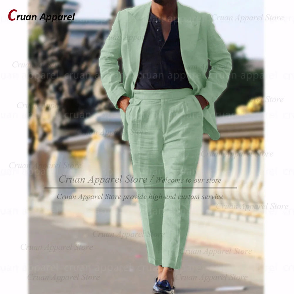 Classic Summer Linen Suit Sets For Men Smart Casual Blazer And Pants 2 Pieces Formal Evening  Fashion Slim Fit Suit Attire
