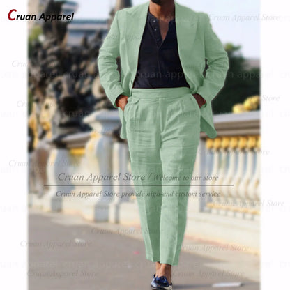 Classic Summer Linen Suit Sets For Men Smart Casual Blazer And Pants 2 Pieces Formal Evening  Fashion Slim Fit Suit Attire