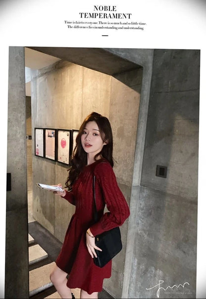 High Waist A-Line Knitted Dress Long Sleeve Base Layer Shirt Waist Cinched Black Dress Autumn Wear Korean Style Commute Dress