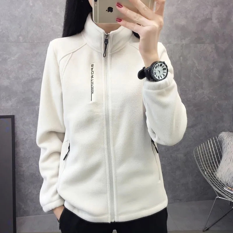 2024 Autumn Winter Thickened Fleece Ladies Outdoor Jacket Stand Collar Sweatshirt Cardigan Soft Plush Warm Upper Apparel