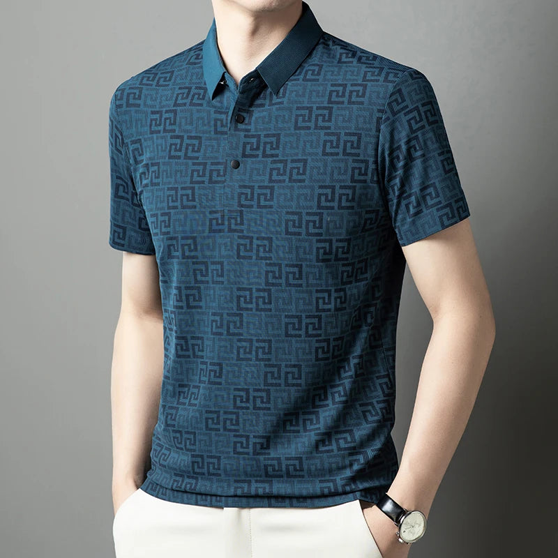 Summer Slim-Fit Men's Short-Sleeved Polo Shirt Classic Lapel Single-Breasted Placket Meander Pattern Casual Style Men's Clothing