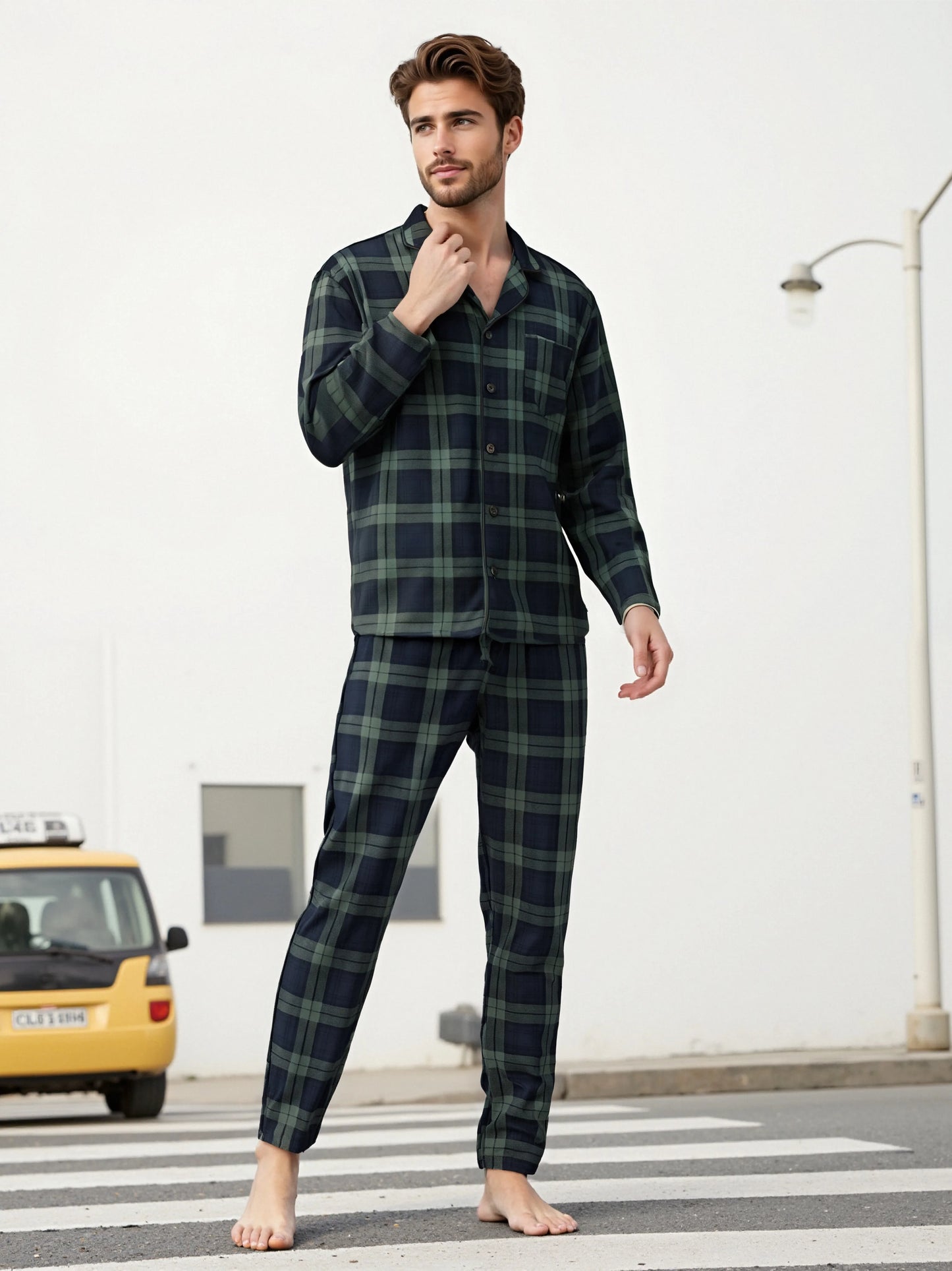 Mens Plaid Pajama Sets Sleep Pajamas for Men Pjs Set Soft Lounge Sleepwear Pj Bottoms with Pockets Pjs Shirts