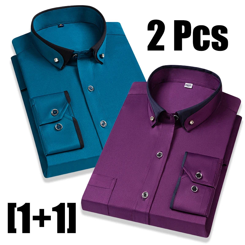 Fashion Color Contrast Men's Elastic Non-iron Long-sleeved Business Shirts Diamond Button Single Pocket Comfort Workwear Clothes