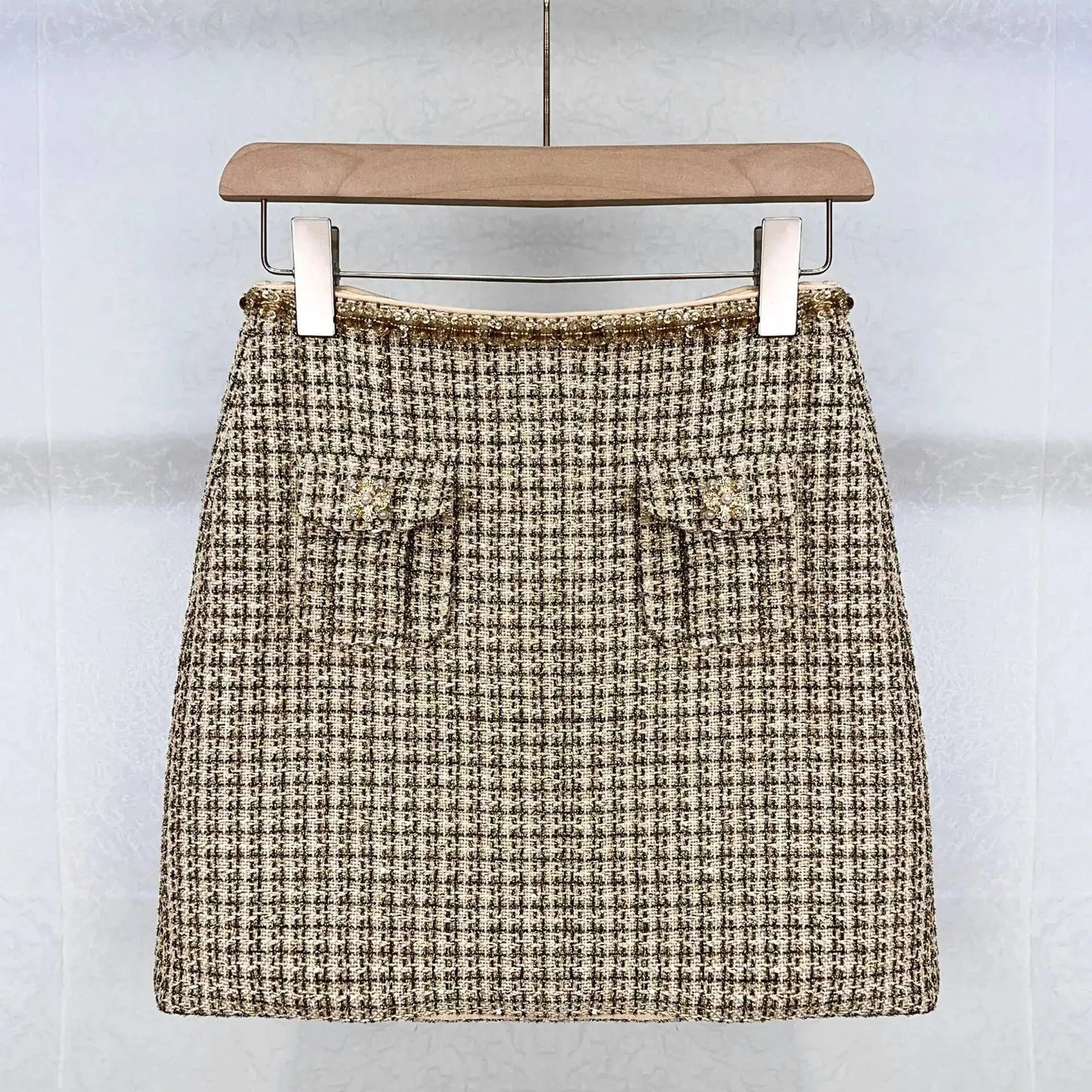 Autumn Winter Small Fragrant Style Gold Plaid Coarse Knitted Two Piece Set Women Suit Coat Tweed Jackets Midi Long Skirts Sets