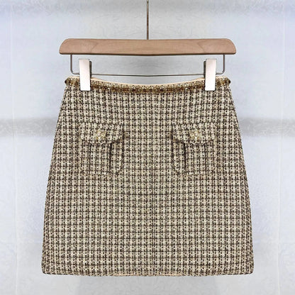 Autumn Winter Small Fragrant Style Gold Plaid Coarse Knitted Two Piece Set Women Suit Coat Tweed Jackets Midi Long Skirts Sets