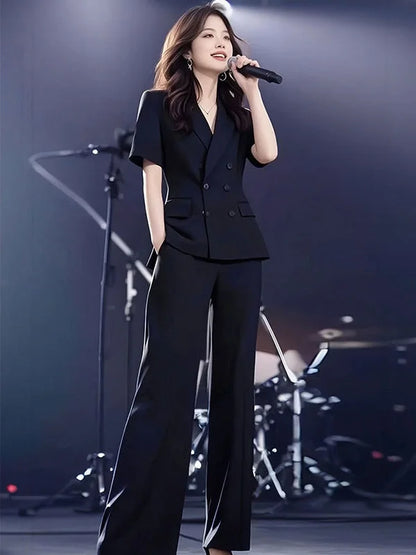 Elegant Short Sleeve Suit Set Women's Summer New Style Powerful Businesslike Top And Pants Two Pieces Set High Waist Pants