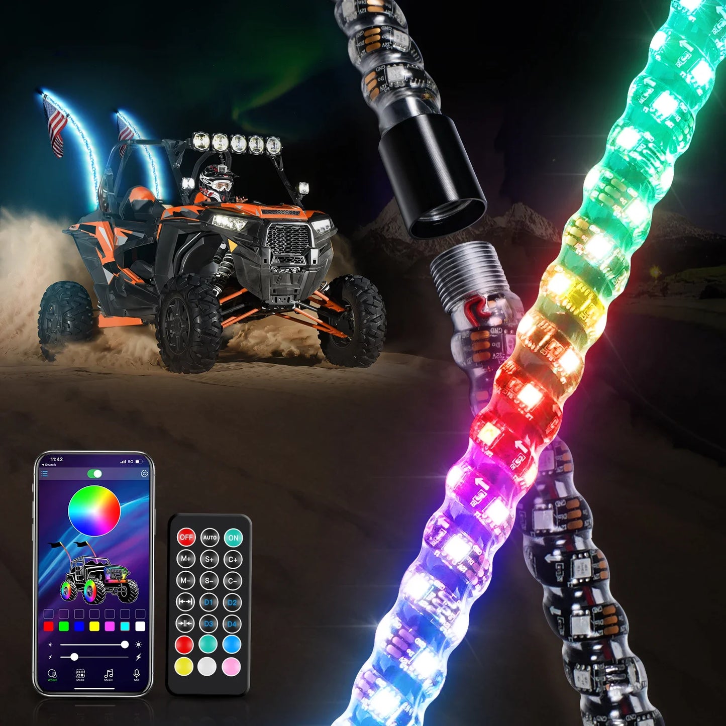 BEVINSEE 3FT LED Spiral Whip Light APP&Remote Control RGB Whip Lights for Polaris RZR Can-Am Maverick X3 UTV ATV Off-Road Buggy