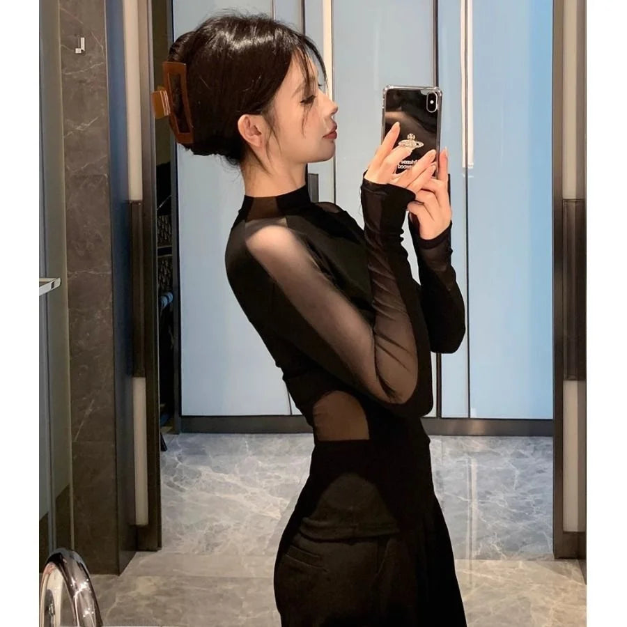 Long Sleeve T-Shirt Women Sexy High Collar Mesh Splice Design Slim Fit Fashionable Breathable Base Layer See through Top