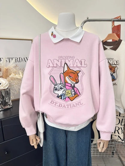 Fashionable Heavy Embroidery Cartoon Color Block  Neck Loose Fit Sweatshirt Women's Autumn New Arrival Fake Two-Piece Style