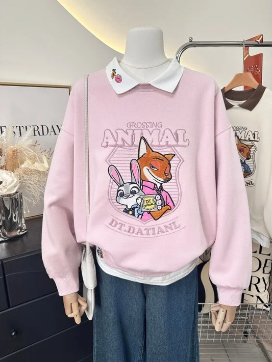 Fashionable Heavy Embroidery Cartoon Color Block  Neck Loose Fit Sweatshirt Women's Autumn New Arrival Fake Two-Piece Style