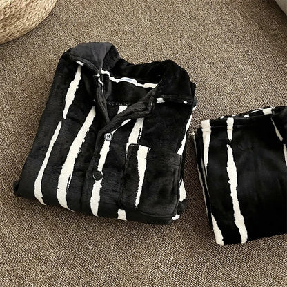 Men's Coral Fce Pajamas Set Thiened Warm Loose Striped Home Clothes Comfortable Breathable All Seasons Spwear