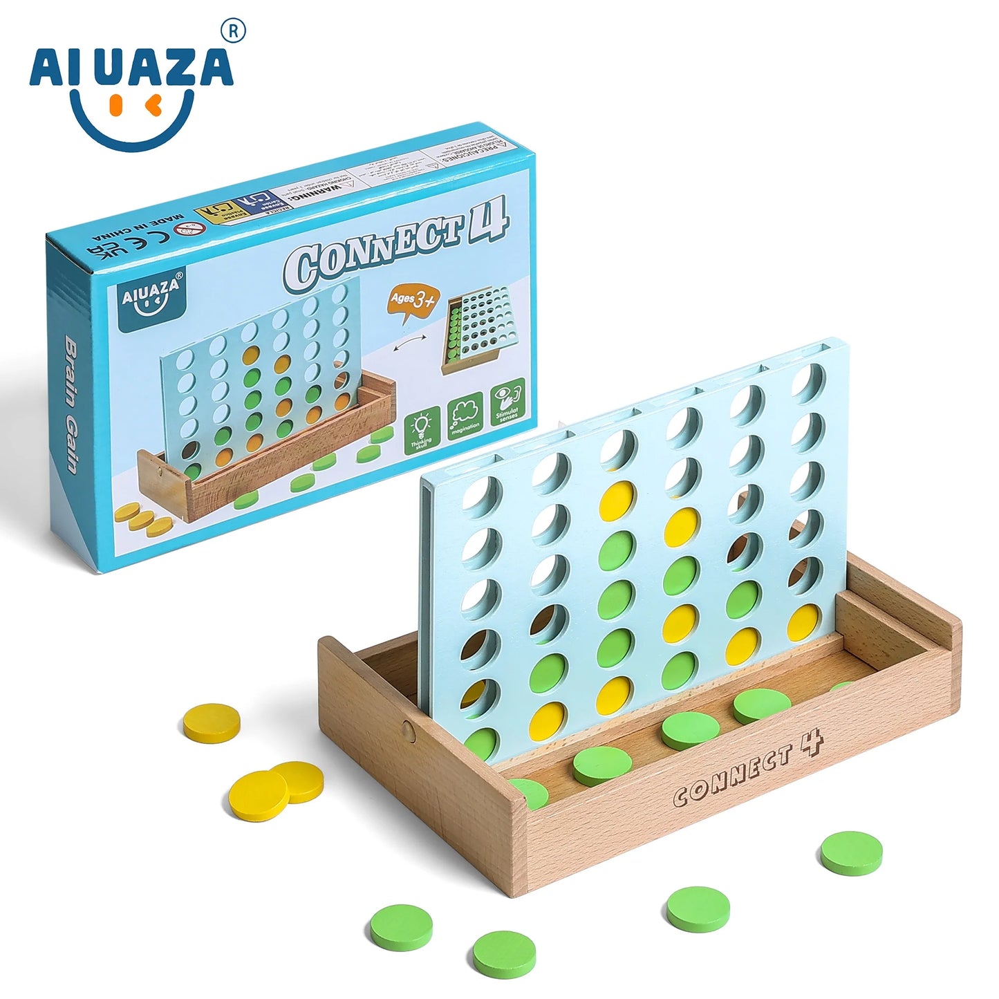 AIUAZA Wooden 4 in a Row Game - Classic Strategy Game for Adults Children-Connect Discs of Same Colour in a Row - Travel Games