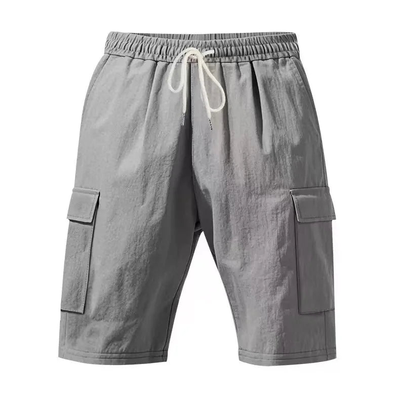 2026 New Summer Casual Cotton and Linen Pocket Solid-Color Shorts, Men's Lace-Up Fashionable and Comfortable Beach Cargo Pants