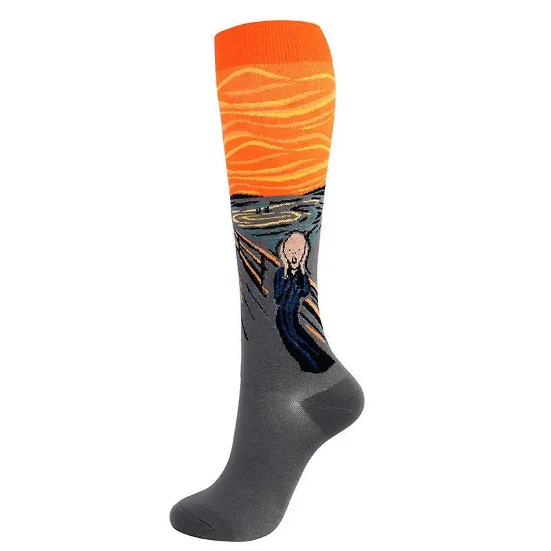 Oil Painting Compression Socks Men Women Mona Lisa Sky Kiss Wave Pearl Pressure Stockings Nylon Compress RunSport Newest