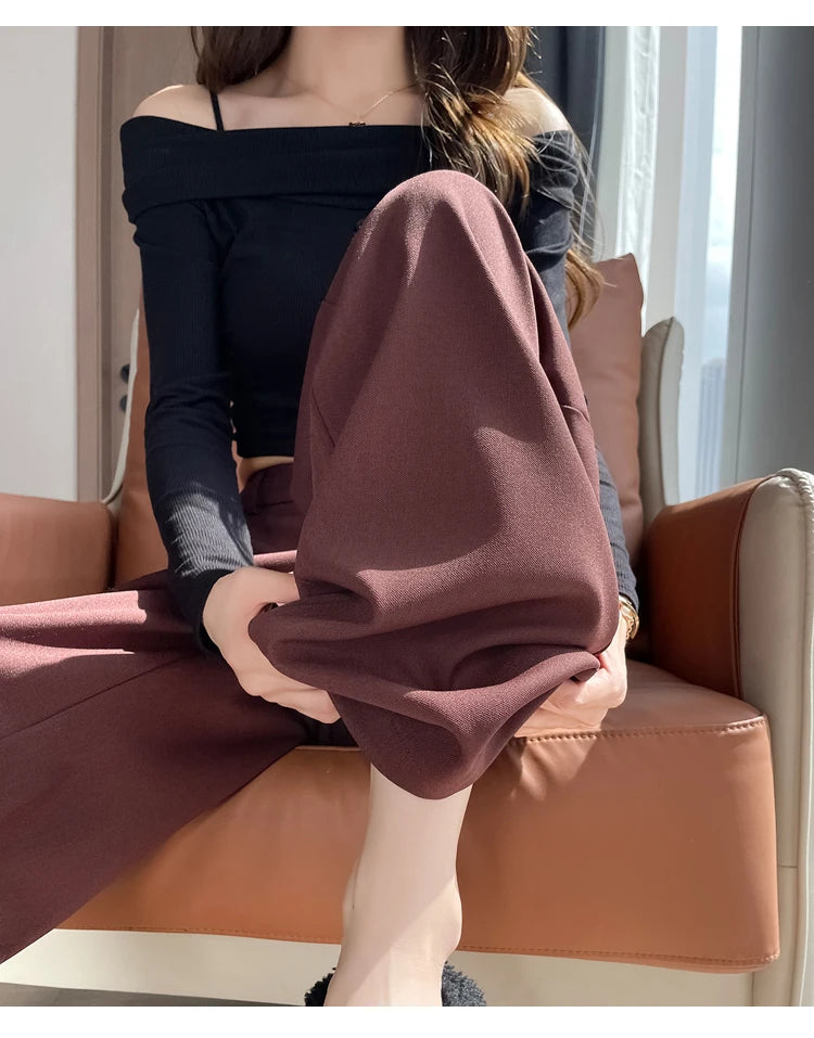 Seoulish Autumn Elegant Women's Wide Leg Pants 2024 New Korean Solid Button Casual Loose Office Full Length Trousers Female