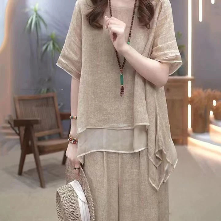 Retro Cotton Linen Set Women's Summer 2026 New Ethnic Style Loose Slimming Belly Covering Two-Piece Set Fashionable Casual Wear