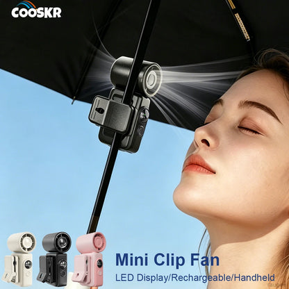 Mini Clip-on Fan Handheld Pocket Fan Rechargeable Digital Display Air Cooling Fan for Outdoor Travel Portable Umbrella Clip Fan