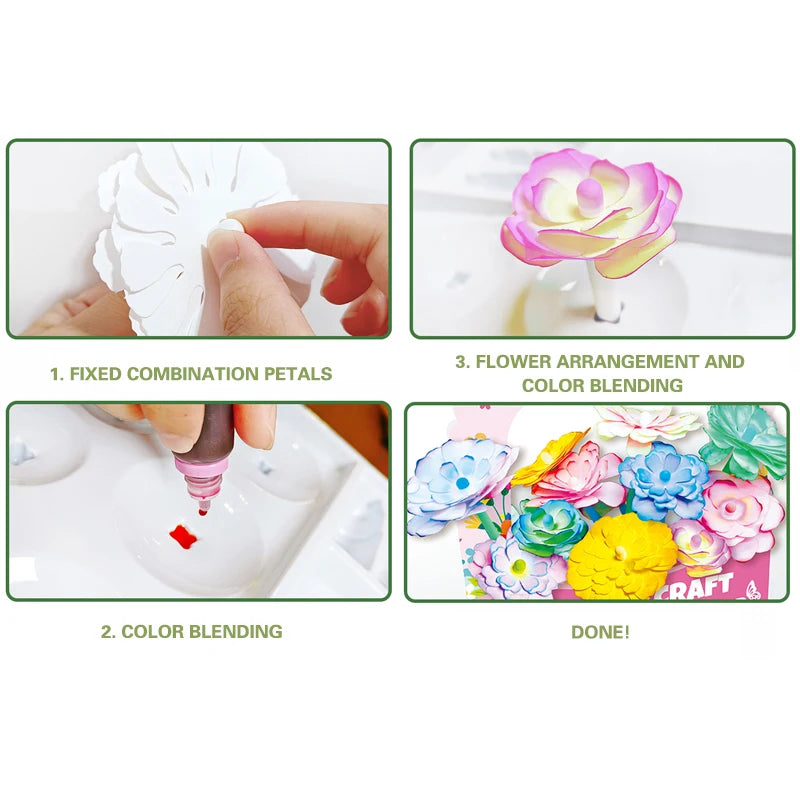 DIY Kidsren's Handmade Floral Art Set, Dyed Flower Paper Art, Hand-Painted Flowers, Creative Watercolor Smudge Crafts Set