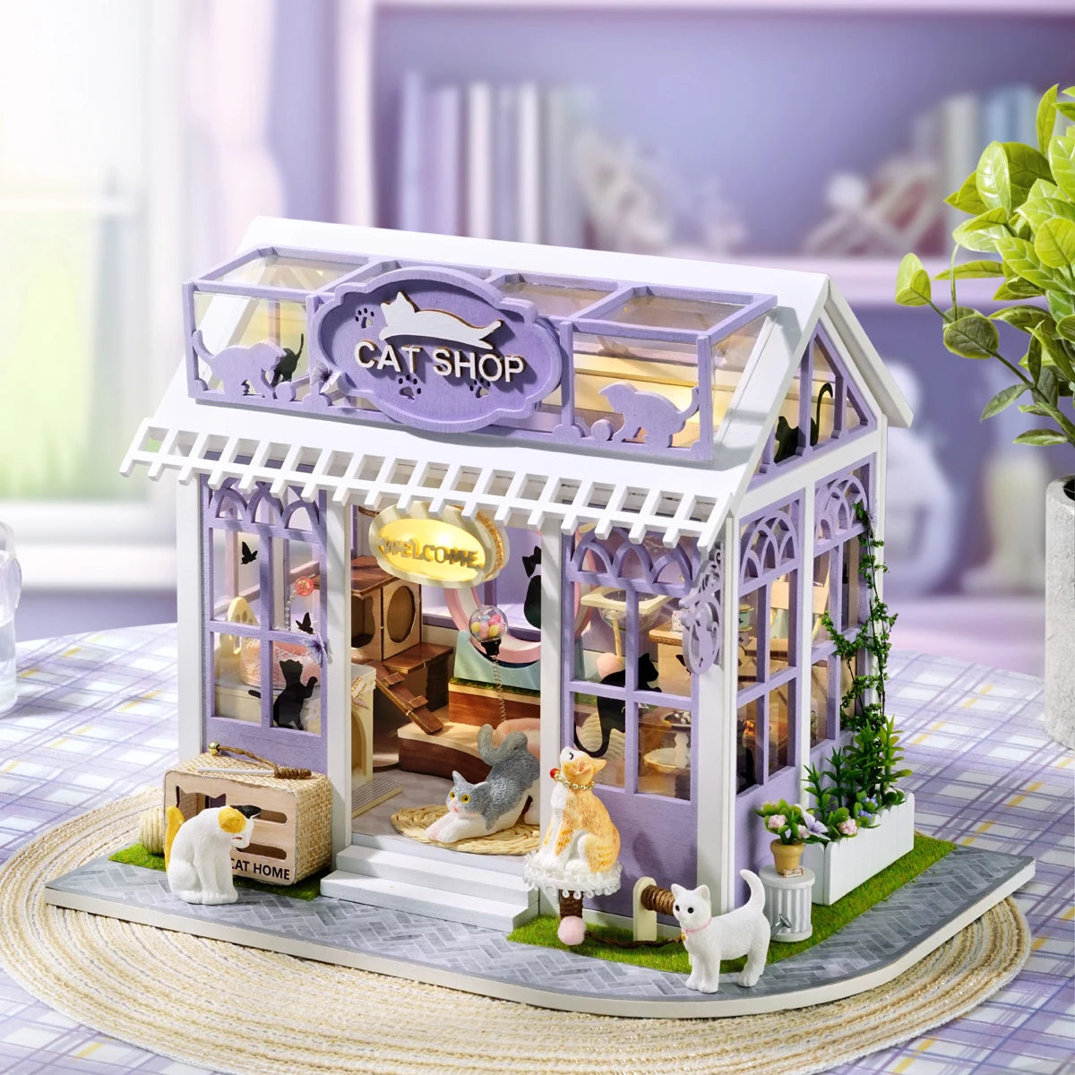 Wooden Miniature Doll House 3D Puzzle Assembly Building Model Kit Cat Shop Small Room Toys Home With Furniture Birthday Gifts