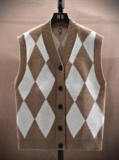 Autumn Winter Men Casual Checkerboard Comfortable Versatile Breathable Warm Vest Cardigan New Men Sports Leisure Warm Knit Vest