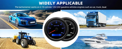 AD 85MM Tachometer with LCD Hour Meter For Marine Boat Car RPM Gauge 0-3000 4000 8000 RPM Meter Tach Sensor 7Colors Backlight