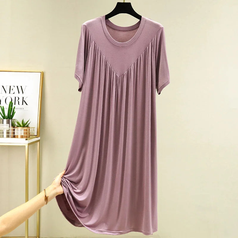 Loose plus Size Sp Dr Modal Women's Summer Thin Home Gown Skirt Sle round Ne ort Sve Long Dr Korean Sle