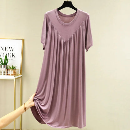 Loose plus Size Sp Dr Modal Women's Summer Thin Home Gown Skirt Sle round Ne ort Sve Long Dr Korean Sle