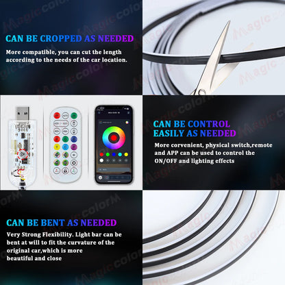 3Meters 4M Symphony Car Door Frame Ambient Lights Universal RGB LED Acrtlic Strips APP Bluetooth Remote Control USB Plug & Play