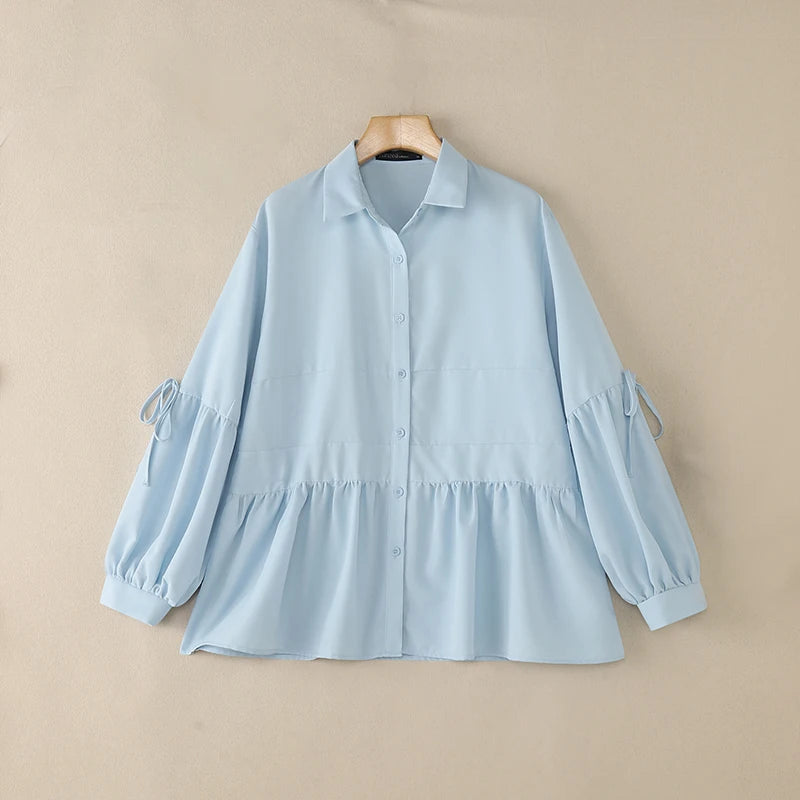 2025 Autumn Blouse ZANZEA Office Women Shirt Spring Elegant Lapel Neck Long Sleeve Tops Solid Button Up Blusas Lace-Up Chemise