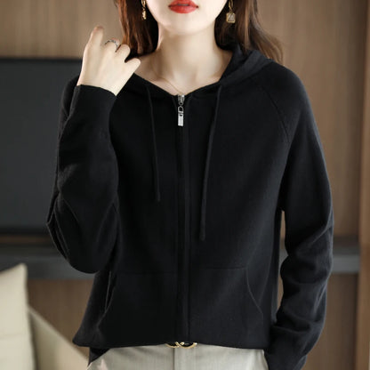 Explosions Women's Hooded Padded Long-Sleeved Sweater Cardigan Sweater Coat Beige Loose Zipper Coat Jacket