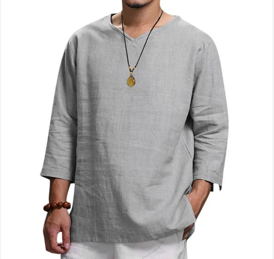 Men's Long Sleeve Loose Shirts Summer Solid Color Casual Shirt High Quality Plus Size V-Neck Shirt Male Clothing 2026