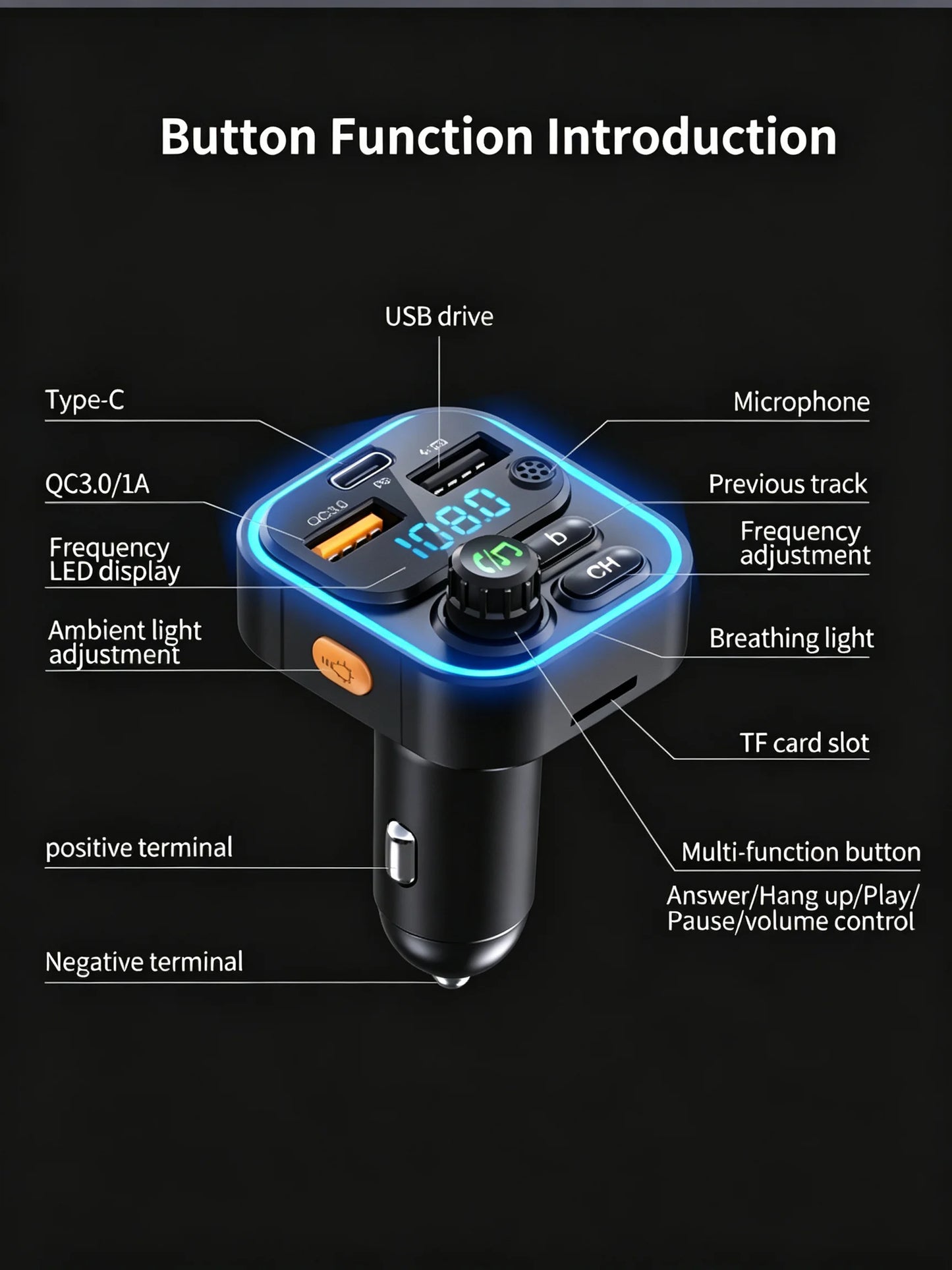 WEKOME Dual USB Fast Charging 7 Color LED Atmosphere Light Bluetooth Hands Free Car FM Transmitter with U Disk TF Card Playback