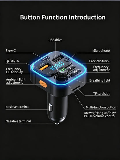 WEKOME Dual USB Fast Charging 7 Color LED Atmosphere Light Bluetooth Hands Free Car FM Transmitter with U Disk TF Card Playback