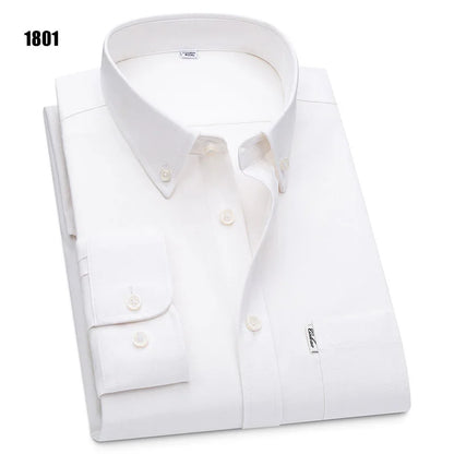 Men's 100% Pure Cotton Oxford Solid Long Sleeve Shirts Business Social Formal Shirts Male Single Pocket Designer Classic Clothes