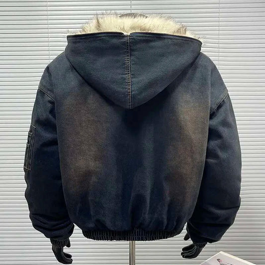 LUZHEN 2025 Winter Stylish Vintage Style Warm Padded Denim Coat Men's Original Pockets Decorate Fur Hooded Parka Jacket JY4510