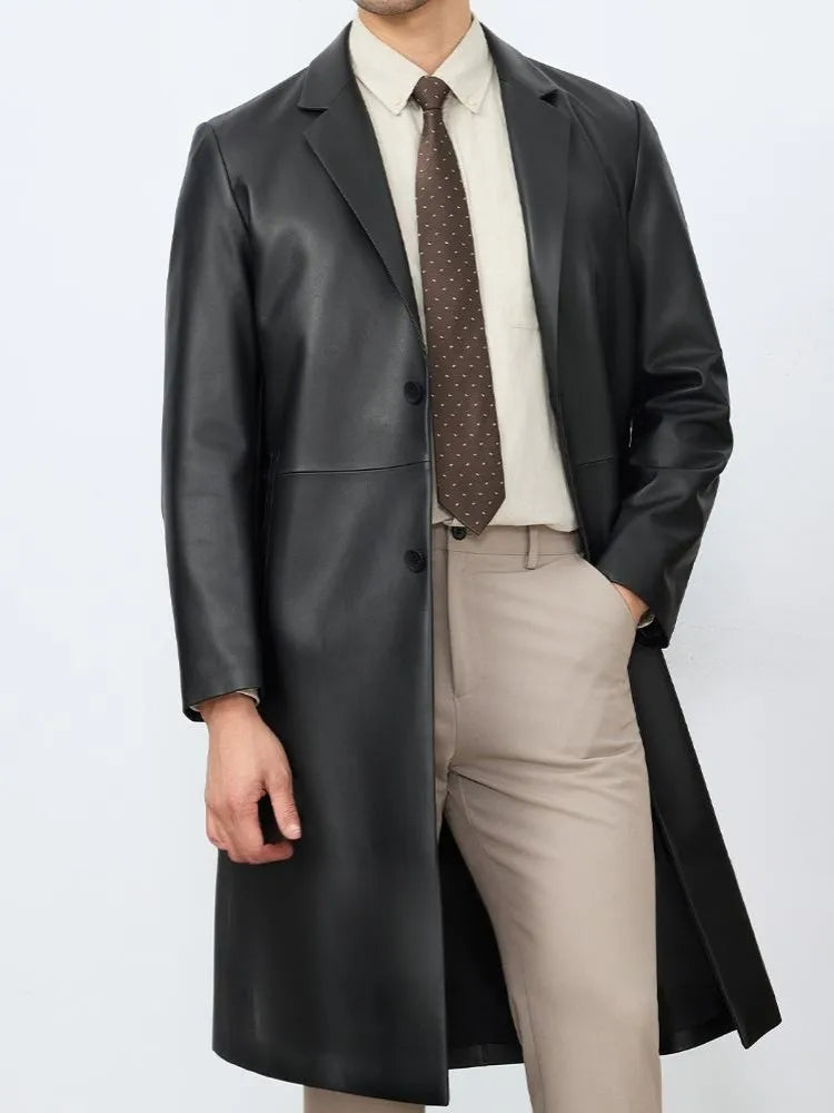 Business Casual Style Turn Down Collar Pocket Genuine Leather Long Jacket Single-Breasted Male Sheepskin Trench Outerwear