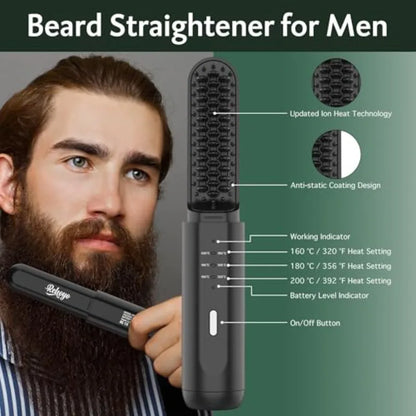Beard Straightener for Men, Portable Cordless Heated Hair and Beard Straightening Brush with Anti-Scald and Ionic Technology, 3