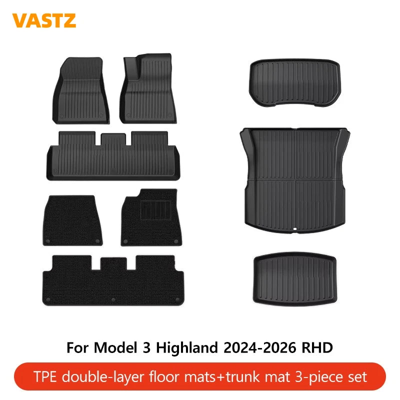 VASTZ TPE Floor Mats for Model Y Juniper 2025 2026 Model 3 Highland 2024-2026 RHD Anti-Slip Trunk Liner for Right Hand Drive Car