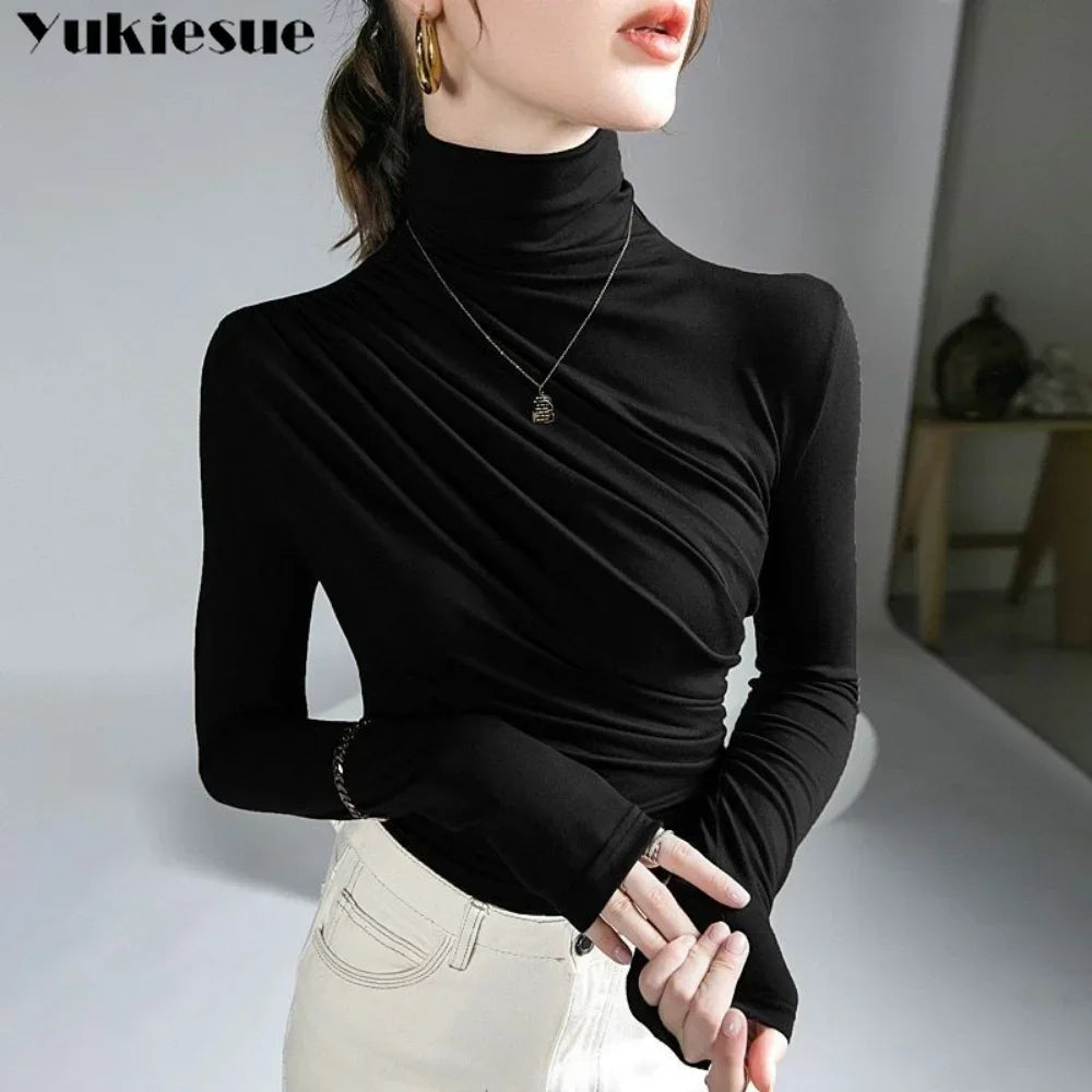Pleated Stretch T-shirt New Spring Autumn Turtleneck Bottoming Pullover Women's Casual Elegant Basic Top Shirts Harajuku Gothic