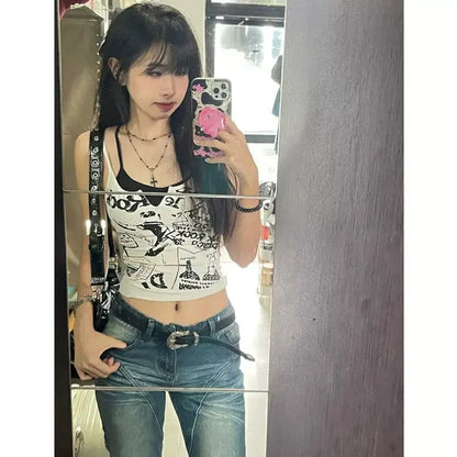 Sexy Y2K Spicy Girl  Strap Vest Women Summer American Short Print Sleeveless Top Inner Wear Commute Style Slim Fit