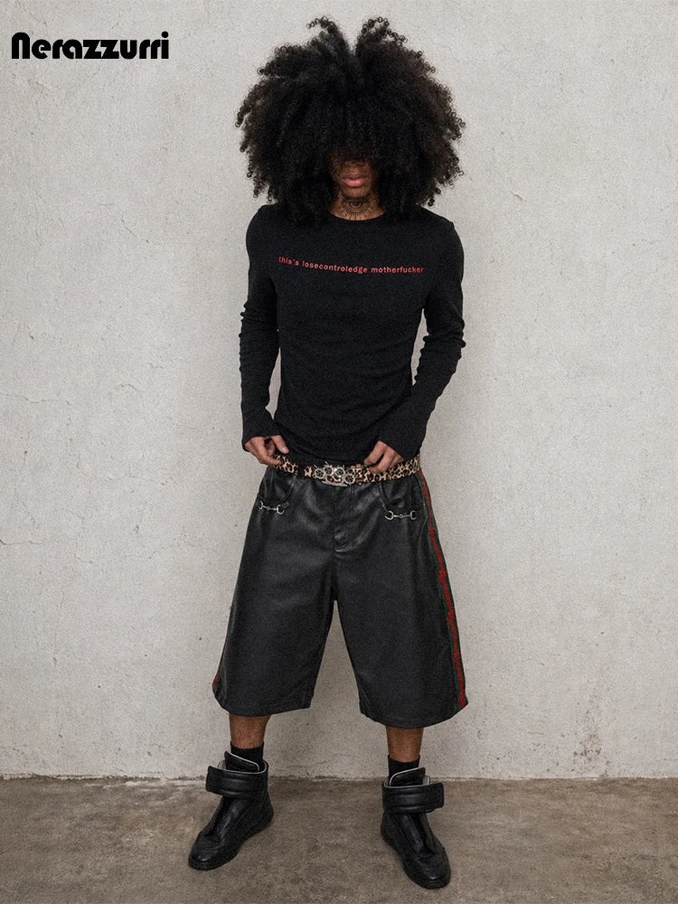 Nerazzurri Summer Patchwork Pu Leather Shorts for Men Cool Handsome Luxury Designer Calf-Length Pants Emo Menswear Clothes 2026
