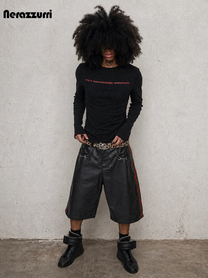 Nerazzurri Summer Patchwork Pu Leather Shorts for Men Cool Handsome Luxury Designer Calf-Length Pants Emo Menswear Clothes 2026