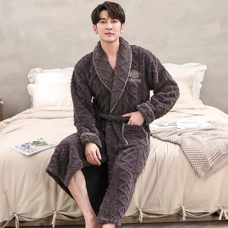 Men Sleepwear Robe Winter Flannel Thicken Terry Robe Male Long Sleeve Kimono Warm Bathrobe Home Wear Peignoir Men Robe