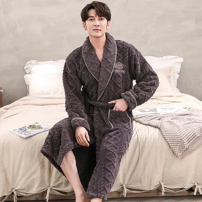 Men Sleepwear Robe Winter Flannel Thicken Terry Robe Male Long Sleeve Kimono Warm Bathrobe Home Wear Peignoir Men Robe